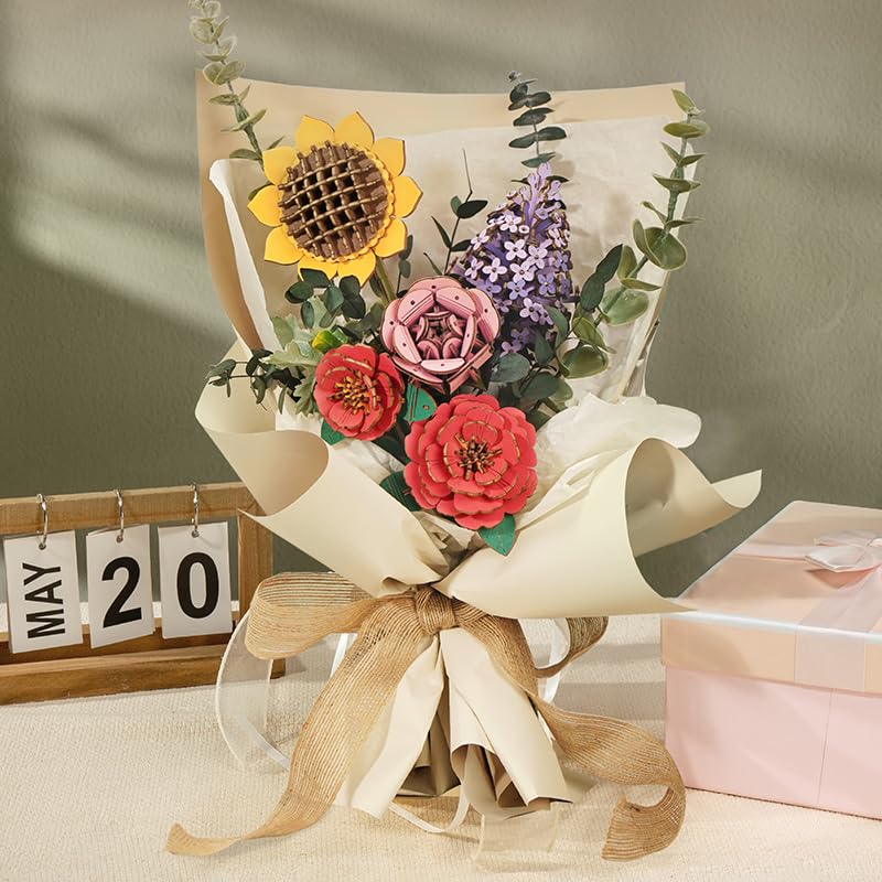 ROBOTIME 3D Puzzles Wooden Flower Bouquet DIY Model Building Kit to Build for Adults Artifical Bouquet Botanical Collection Craft Brain Teaser Puzzle Creative Gift Home Decor - WoodArtSupply