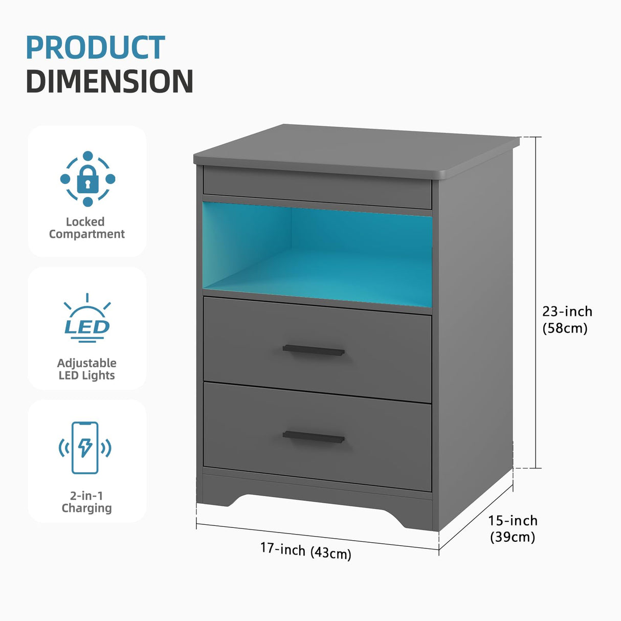 Gurexl LED Nightstand with Gun Drawer, Modern Beside Table with Charging Station, Auto Sensor 3 Color Dimmable Night Stand with Open Compartment for Bedroom (Grey) Gurexl
