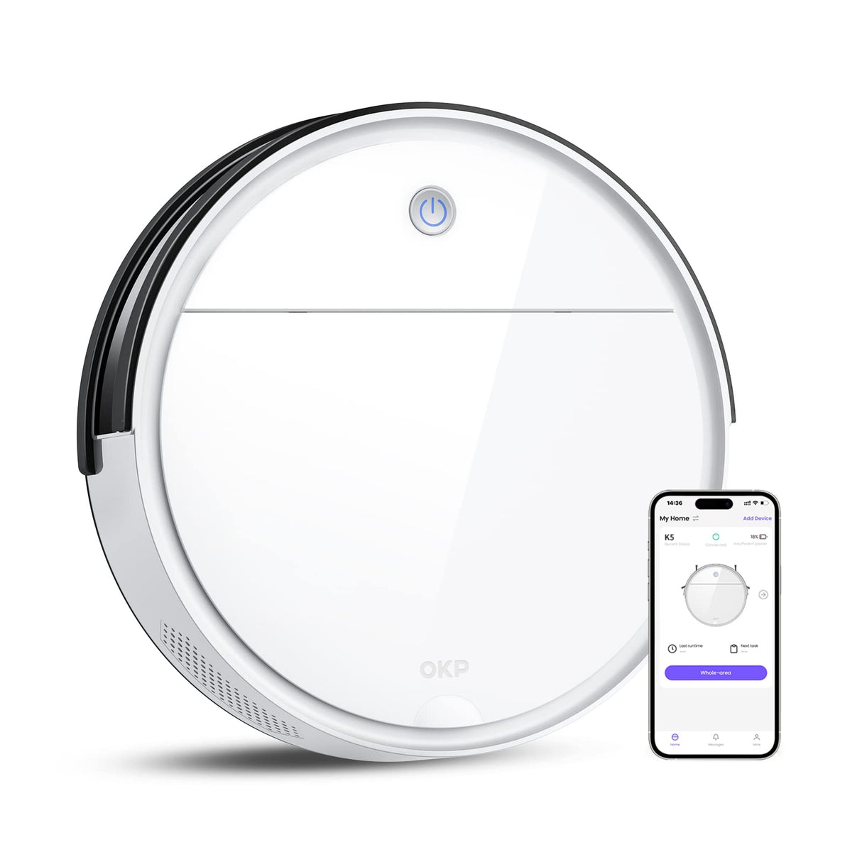 OKP Robot Vacuum Cleaner 2500Pa, 120 Min Runtime, Robotic Vacuum Cleaner with Schedule, WiFi/App/Alexa, Self-Charging, Slim Design, Quiet, Perfect for Hard Floors, Pet Hair, Carpets, K5 OKP