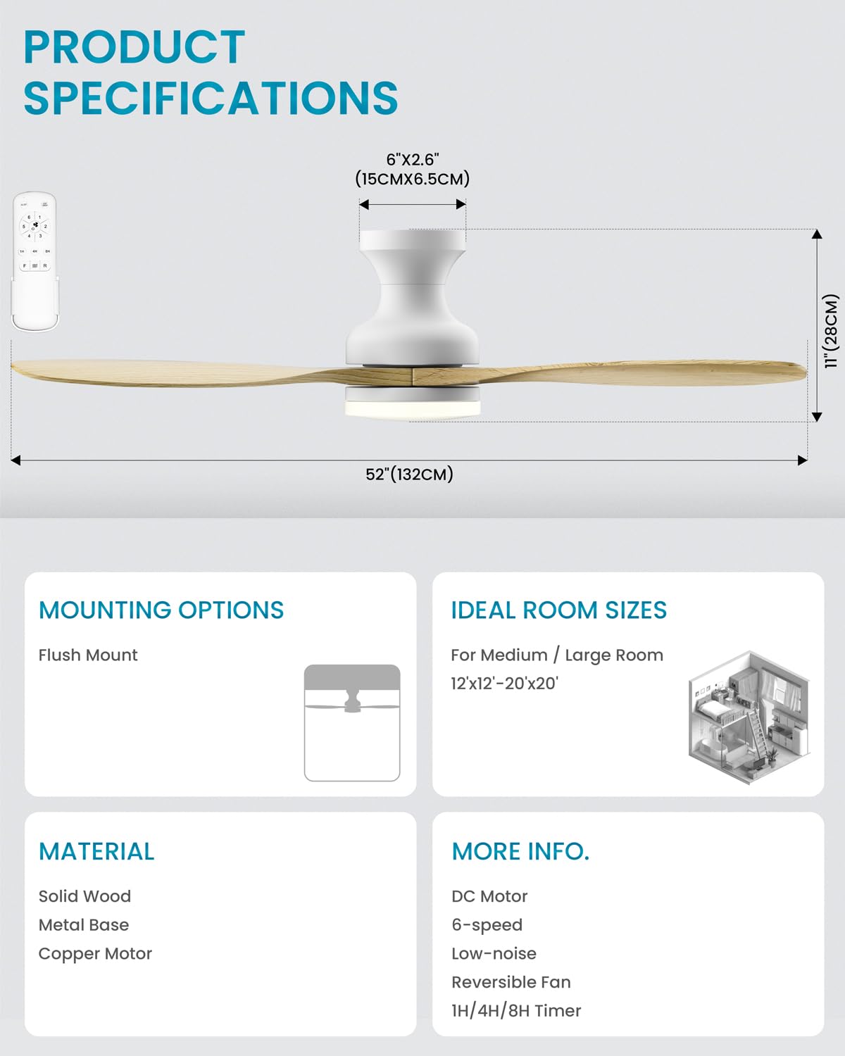 Frstem Leah 52" Solid Wood Ceiling Fan with Light & Remote Control, Flush Mount 3 Blades 6-Speed Ceiling Fan Fixture, Low Profile for Kitchen Bedroom Living Room Indoor (Natural Wood Color & White) Frstem