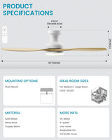 Frstem Leah 52" Solid Wood Ceiling Fan with Light & Remote Control, Flush Mount 3 Blades 6-Speed Ceiling Fan Fixture, Low Profile for Kitchen Bedroom Living Room Indoor (Natural Wood Color & White) Frstem