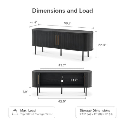 mopio Quin 59" Tambour TV Stand, Fluted Entertainment Center, Mid Century Modern TV Console, Television Stands for 65 Inch TV, Wood Media Storage Cabinet, Table Stand, Living Room (Black)