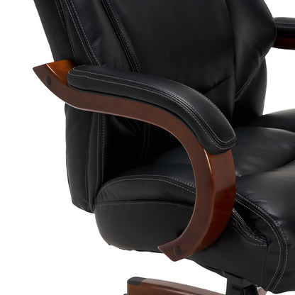 La-Z-Boy Delano Big & Tall Executive Office Chair, High Back Ergonomic Lumbar Support, Bonded Leather, Black with Mahogany Wood Finish - WoodArtSupply