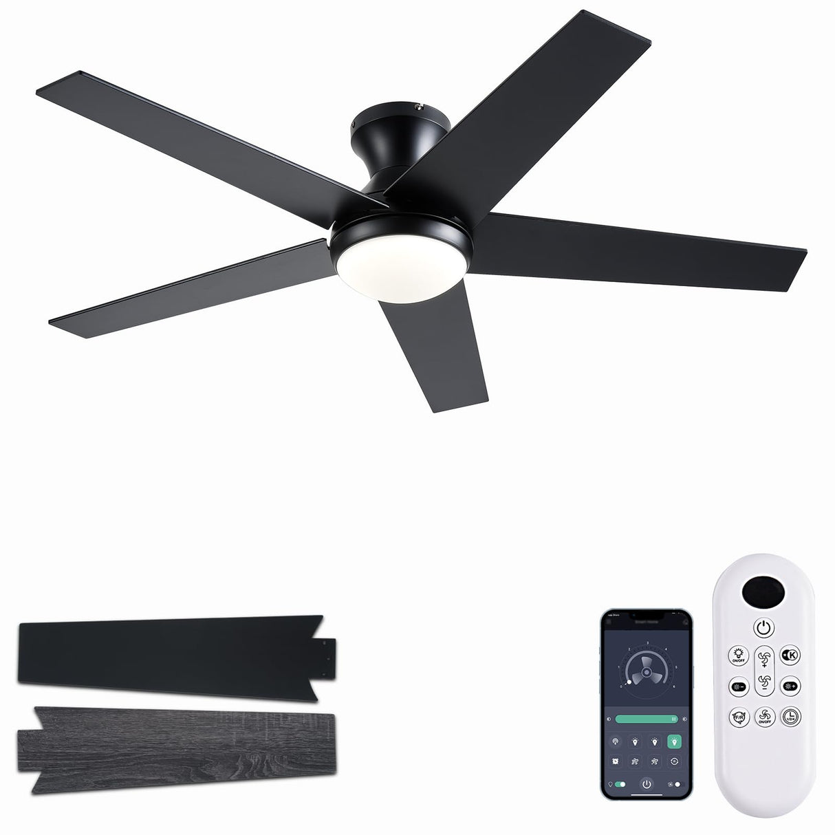 Ayaoty Ceiling Fans with Lights, 48 inch Low Profile Ceiling Fan with Light and Remote Control, Flush Mount, Reversible Motor, Dimmable, Noiseless, Black Ceiling Fan for Bedroom, Indoor/Outdoor Use Ayaoty