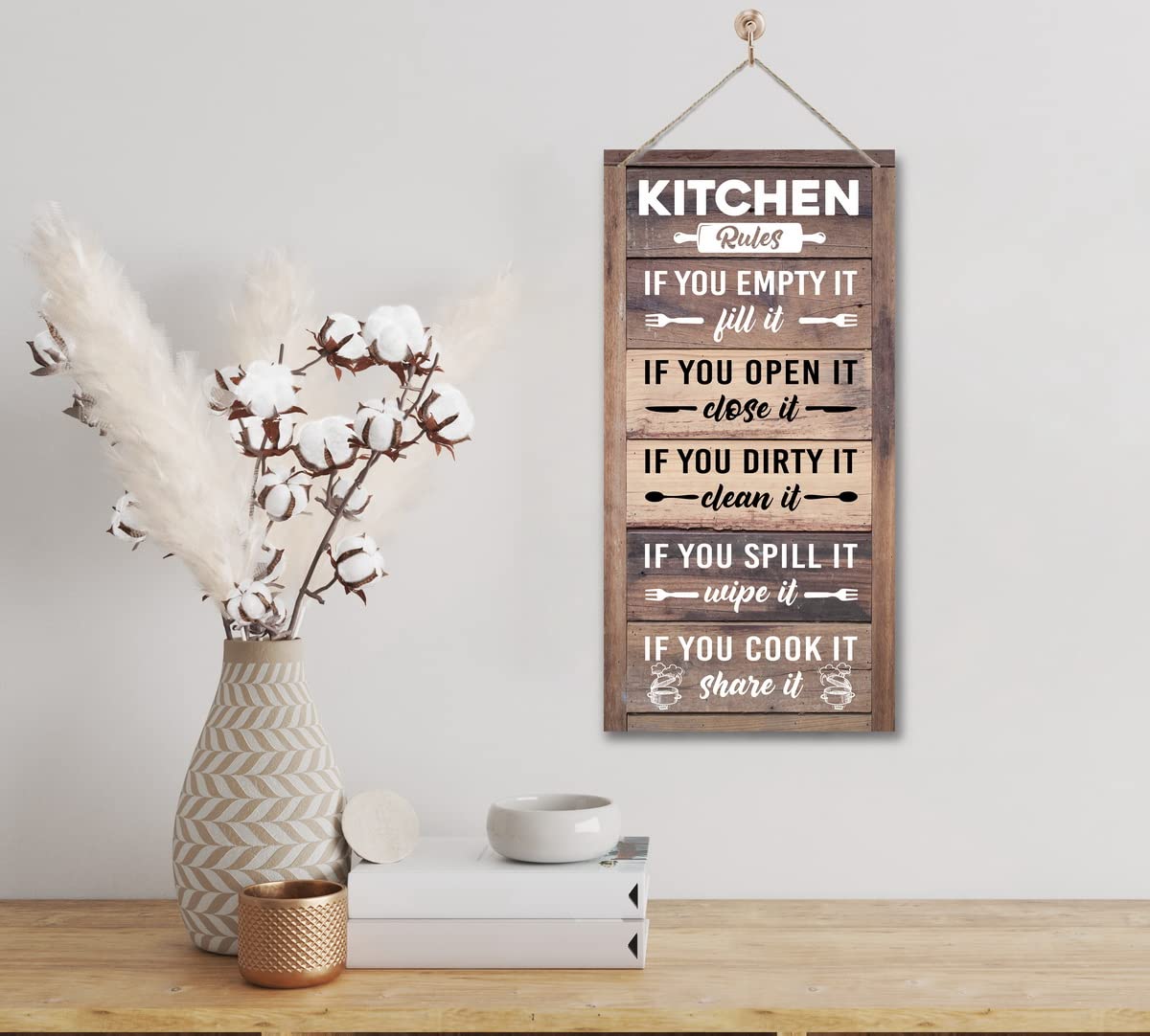 Hanging Kitchen Rules Wood Decor Sign, Rustic Kitchen Wooden Signs, Printed Wood Wall Art Sign, Kitchen Door Rules Rustic Sign, Hanging Wood Sign Kitchen Decor, Funny Farmhouse Kitchen Wall Décor