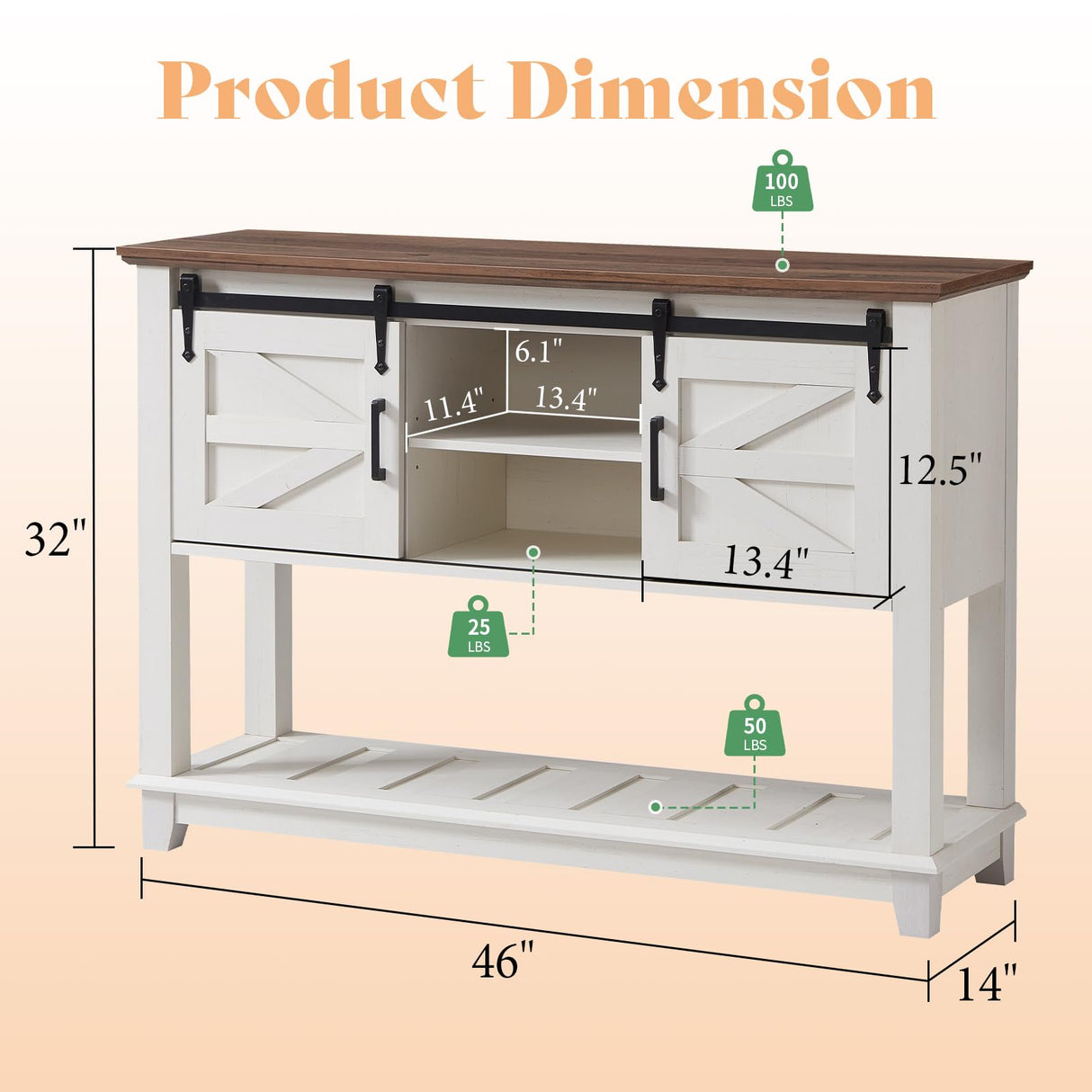 AMERLIFE Sofa Table with Sliding Barn Doors, TV Console Table, 46" Farmhouse Rustic Storage Entryway Table, Adjustable Open Shelves, Hallway, Living Room, Bedroom, Antique White AMERLIFE