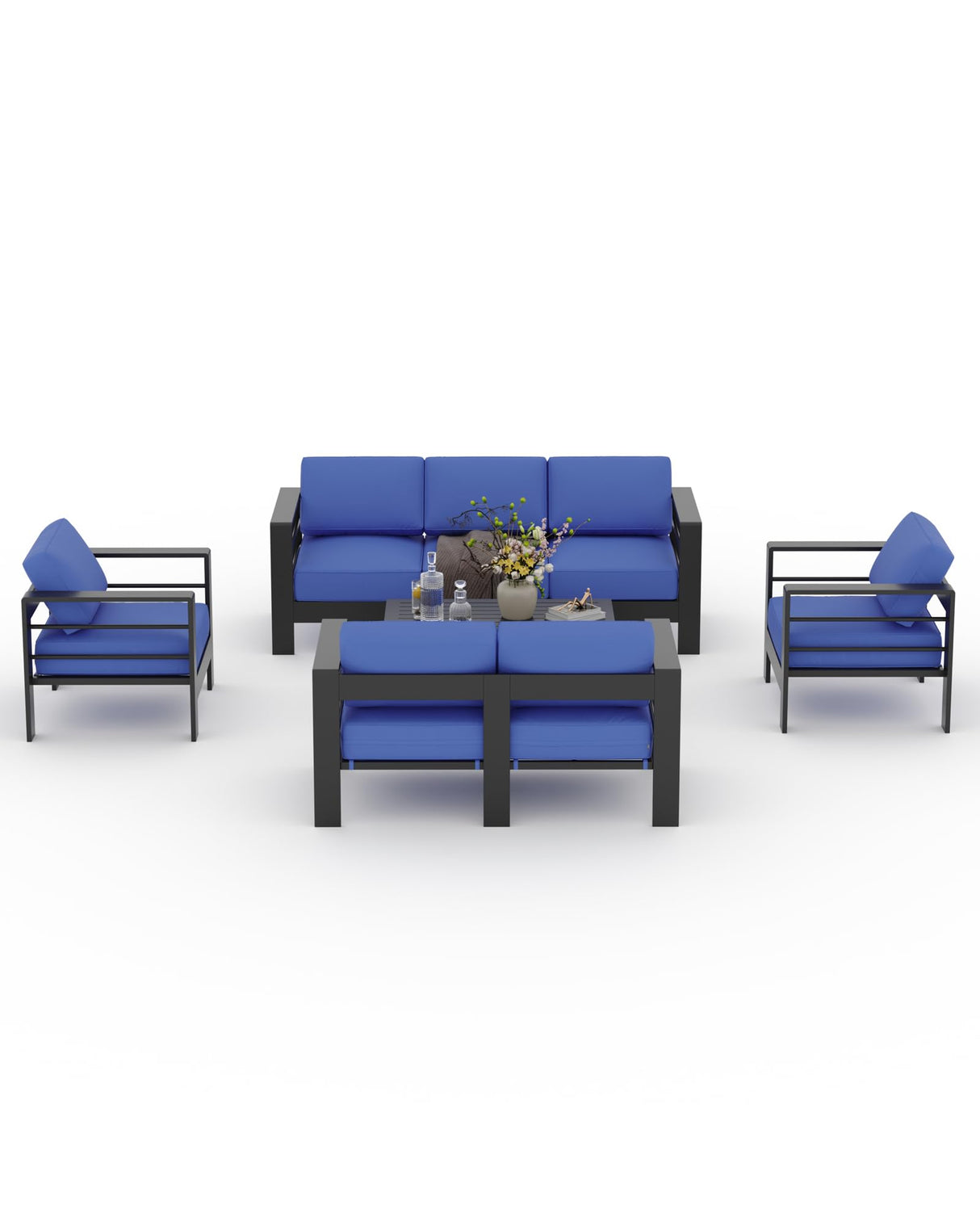 7 Seats Aluminum Patio Furniture Set, 5 PCS Outdoor Sectional Conversation Set With 4" Wide Armrest, Backyard Sectional Sofa Set With Coffee Table & Thick Cushions, Blue GAOMON