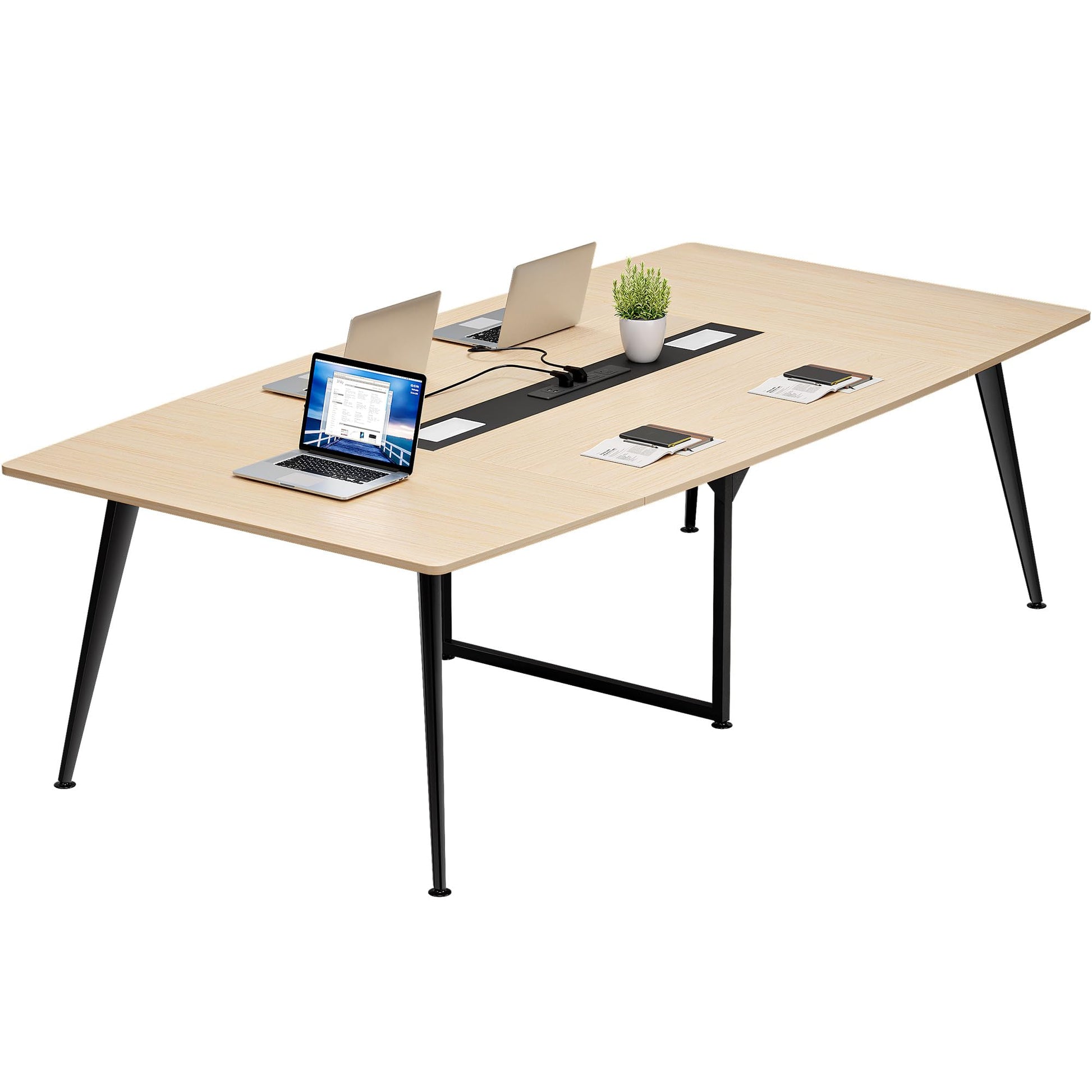 DWVO 8FT Conference Table, 94.5" Boat Shaped Meeting Table with Power Outlets & Rectangle Grommet, Modern Seminar Table for Office Conference Room, Boardroom Desk - WoodArtSupply