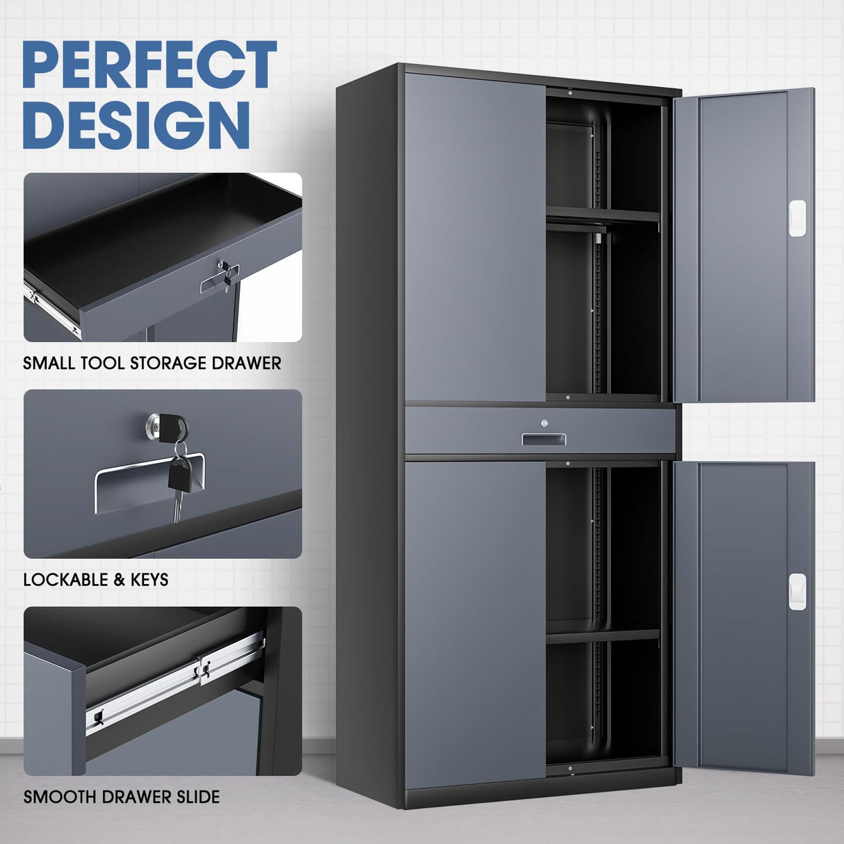 DNA MOTORING Metal Storage Cabinet, 71'' Rolling Garage Cabinet with 1 Drawer and Adjustable Shelves, Lockable Cabinet Heavy Duty Utility Cabinet for Garage,Office,Home,Gray Black, TOOLS-00629-GY-BK DNA MOTORING