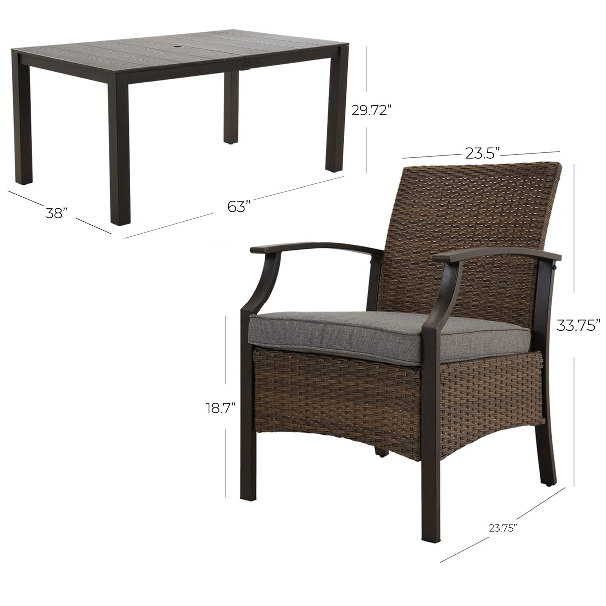 Grand patio 7 Pieces Outdoor Dining Sets, E-Coated Dining Chairs Traditional Wicker Patio Furniture for 6, Including Chairs with Cushions & Wood Grain Table with Umbrella Hole for Backyard, Deck Grand patio