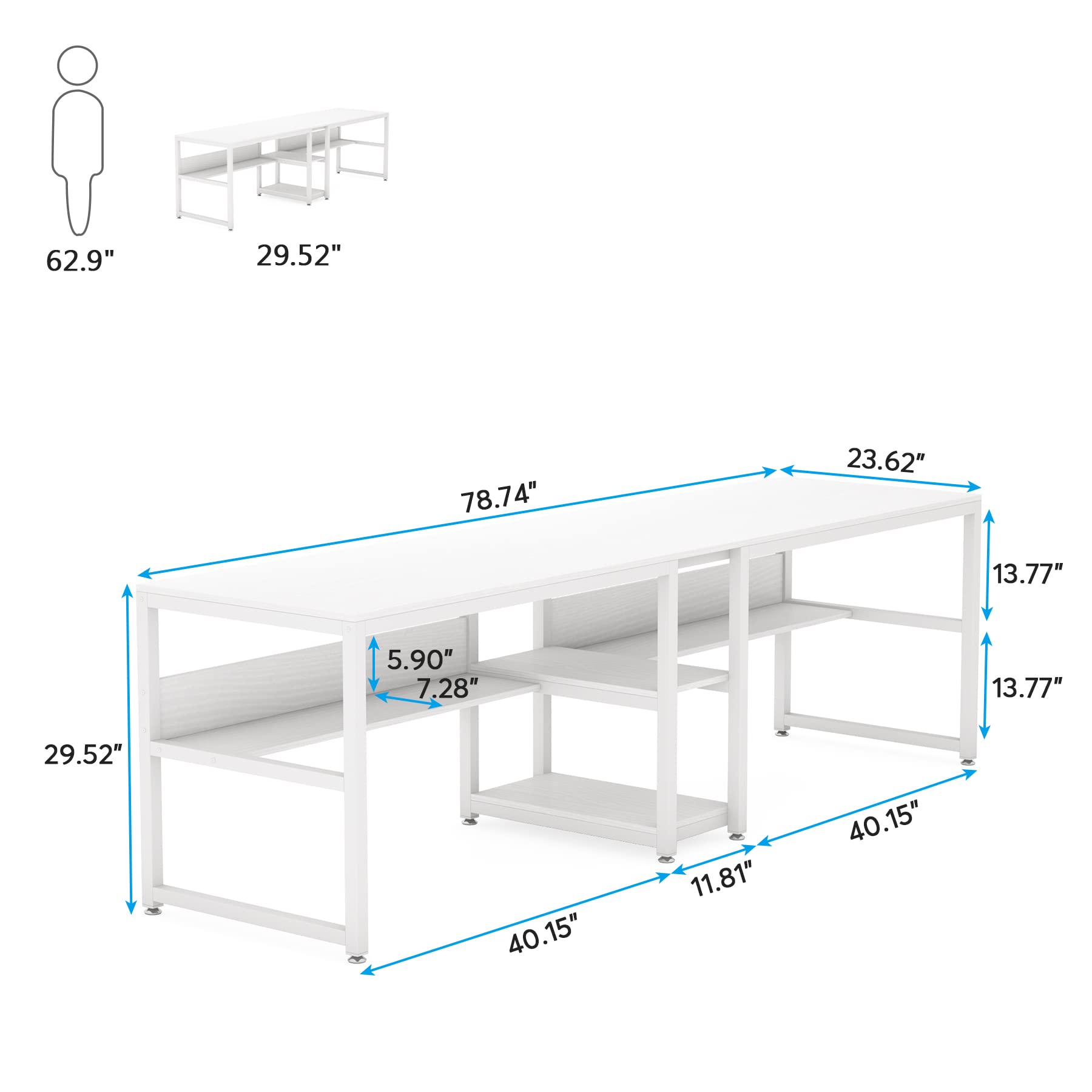 Tribesigns 78-Inch Rustic Double Desk with Bookshelf for Two-Person Workstation in White - WoodArtSupply