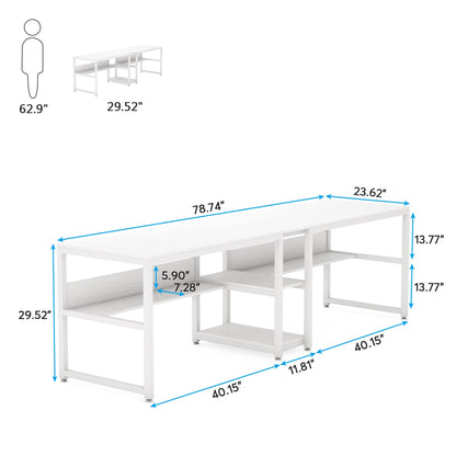 Tribesigns 78-Inch Rustic Double Desk with Bookshelf for Two-Person Workstation in White - WoodArtSupply