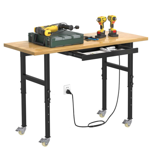 60" Heavy-Duty Adjustable Workbench, Rubber Wood Garage Workbench with Drawers, 2500 LBS Load Capacity Work Bench with Power Outlets and Wheels for Garage, Workshop, Office, Home - WoodArtSupply