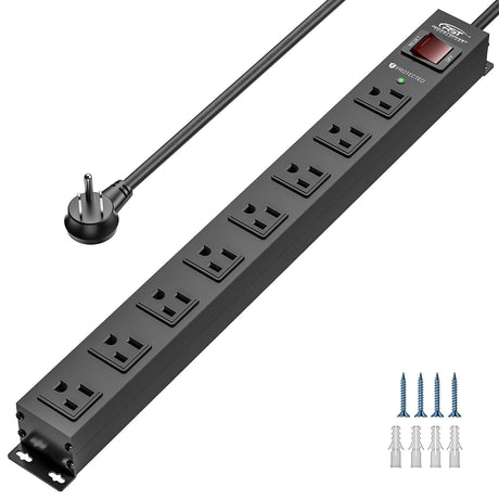 CRST 8 Outlet Metal Heavy Duty Power Strip, 2100J Power Strip Surge Protector, 6FT Cord Mountable Power Strip for Home Office Garage Workshop School, Wide Spaced Industrial Power Strip15A/1875W CRST