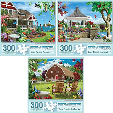 Bits and Pieces - Value Set of Three (3) 300 Piece Jigsaw Puzzles for Adults - Measures 18" x 24" - 300 pc Vibrant Blooming Branch House Countryside Comfort Flowers Summer Jigsaws by Artist Alan Giana Bits and Pieces