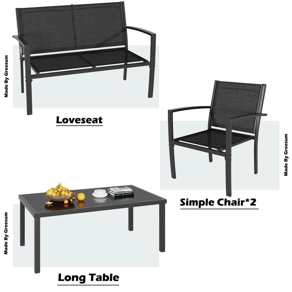 Greesum 4 Pieces Patio Furniture Set, Outdoor Conversation Sets for Patio, Lawn, Garden, Poolside with A Glass Coffee Table, Black Greesum