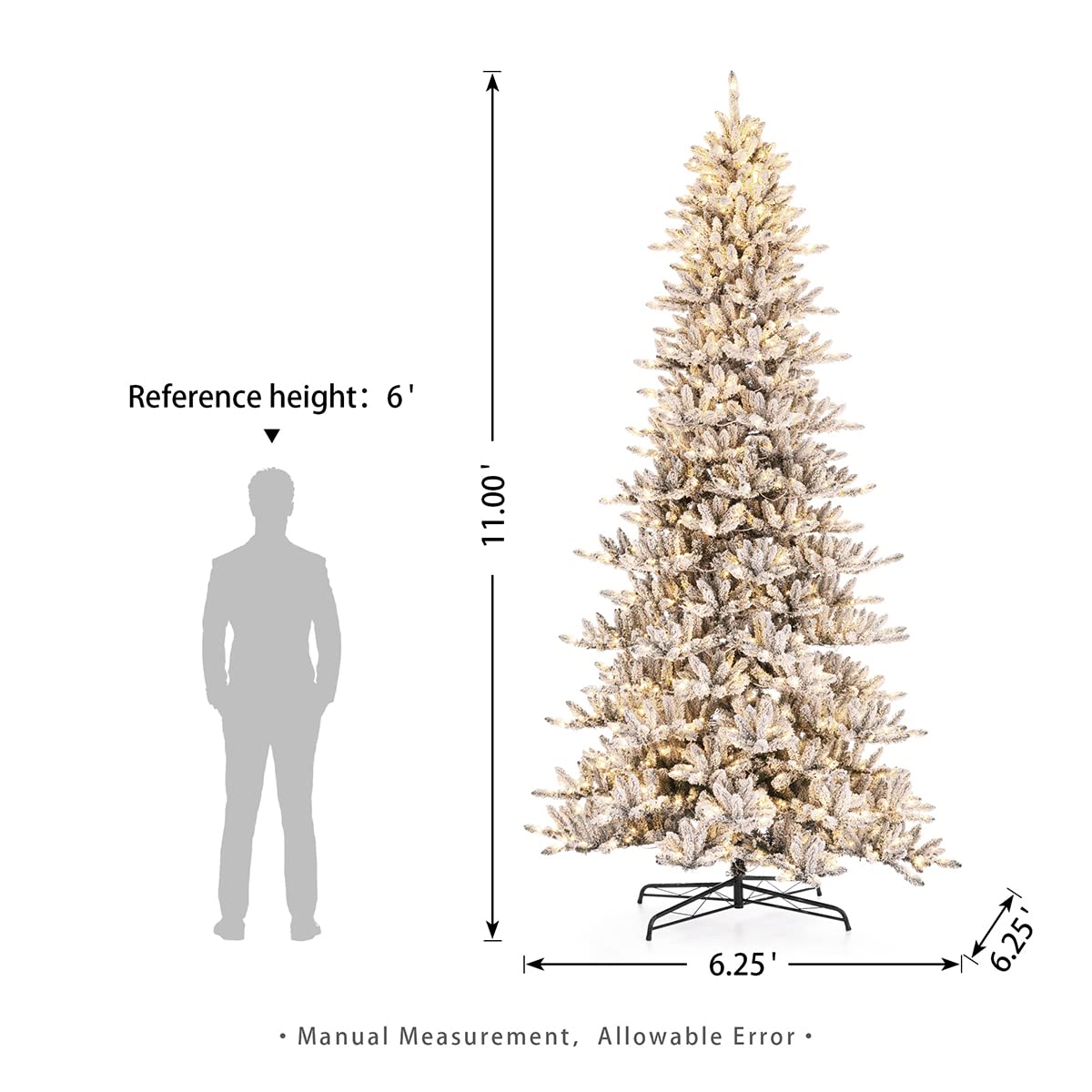 Glitzhome 11ft Pre-Lit Flocked Slim Fir Artificial Christmas Tree, Large Xmas Tree with 950 Warm White Lights for Holiday Decorations Glitzhome