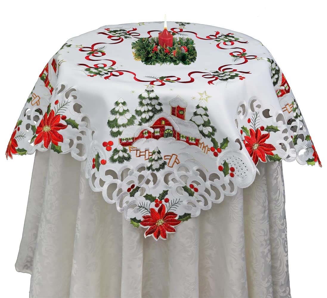 Creative Linens Holiday Christmas Tablecloth 33" Square Embroidered Red Poinsettia Christmas Tree Snowy Cabin Table Topper White Creative Linens