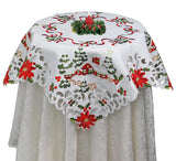 Creative Linens Holiday Christmas Tablecloth 33" Square Embroidered Red Poinsettia Christmas Tree Snowy Cabin Table Topper White Creative Linens