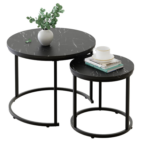 aboxoo Round Nesting Coffee Table Side Set of 2 End Tables for Living Room Bedroom Balcony,Black Faux Marble Wooden Table 23.6IN Accent Large Coffee Table with Steel Frame aboxoo
