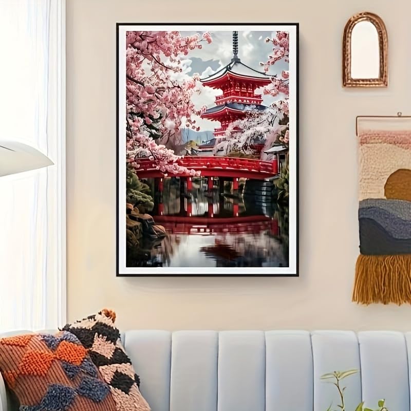 Semneroy Cherry Blossoms Flower Diamond Painting Kits for Adult Beginners, Traditional Architecture Diamond Art Kits,Full Drill Paint with Diamond Dot Gem Art Painting for Home Decor 12x16 inch Semneroy