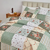 Patchwork Quilt Set Twin Size, 2 Pieces Green White Floral Plaid Design Summer Bedspread Coverlet Set, Soft Microfiber Reversible Lightweight Bed Cover for Kids (68" x 86", 1 Quilt+ 1 Pillow Sham) Flysheep