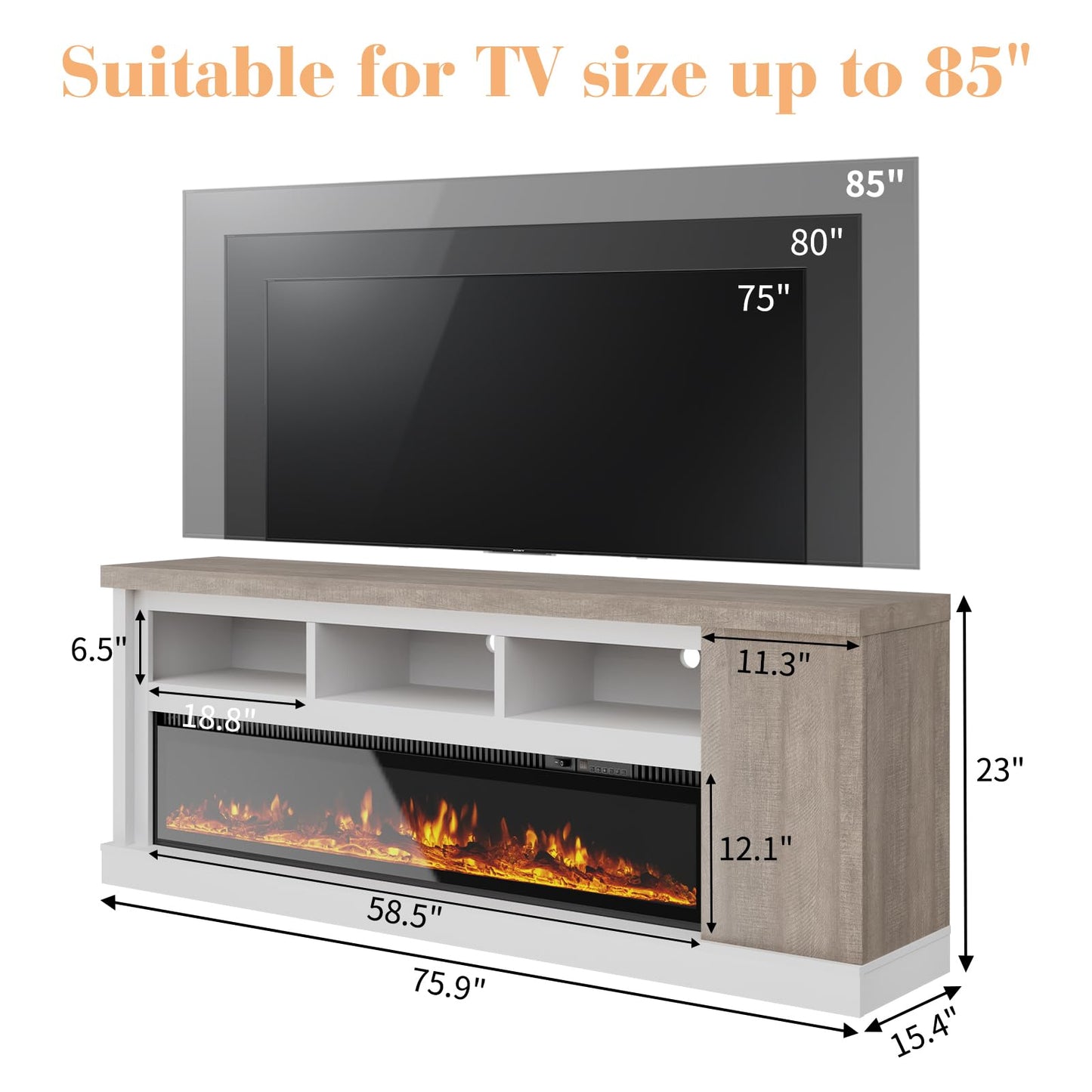 LUXOAK 75” Fireplace TV Stand with 60” Electric Fireplace, Chunky Entertainment Center with Wood Grain, Color Clash Entertainment Stand for TVs up to 85”, White&Grey