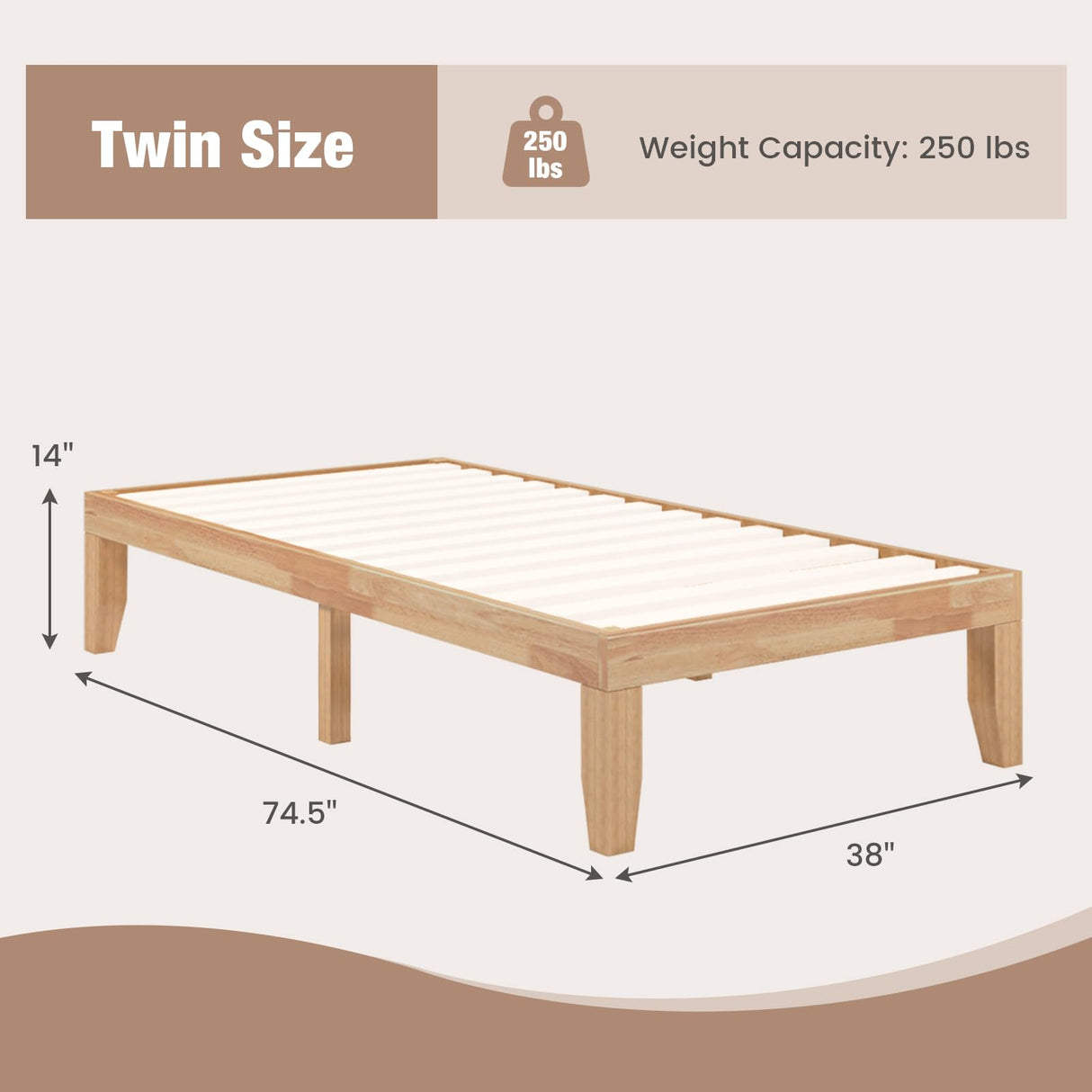 Giantex 14 Inch Twin Wood Platform Bed Frame, Minimalist Style Mattress Foundation with Solid Rubber Wood, Heavy Duty Wood Slat Support, Without Headboard, Easy Assembly, No Box Spring Needed, Natural Giantex