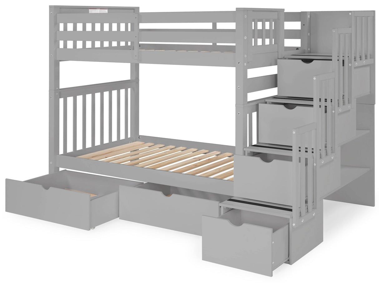 Bedz King Tall Stairway Bunk Beds Twin over Twin with 4 Drawers in the Steps and 2 Under Bed Drawers, Gray Bedz King