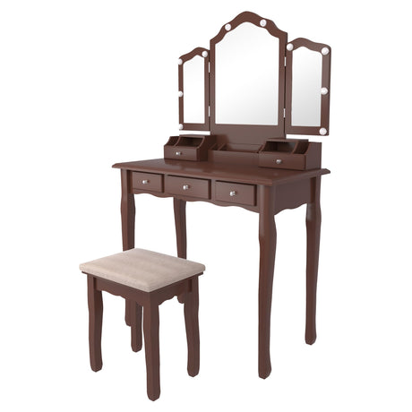 NEDYO Vanity Table, Vintage Vanity Desk with Mirror and Lights, Tri-Fold Mirror Small Makeup Vanity with Chair, Vanity Set for Bedroom and Small Spaces. Terracotta NEDYO