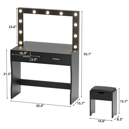 YESHOMY Vanity Desk with Mirror, Makeup Table with 11 Adjustable LED Lights and 2 Spacious Drawers, Soft-Padded Storage Stool, 3 Lighting Modes with Control, for Bedroom, Black - WoodArtSupply