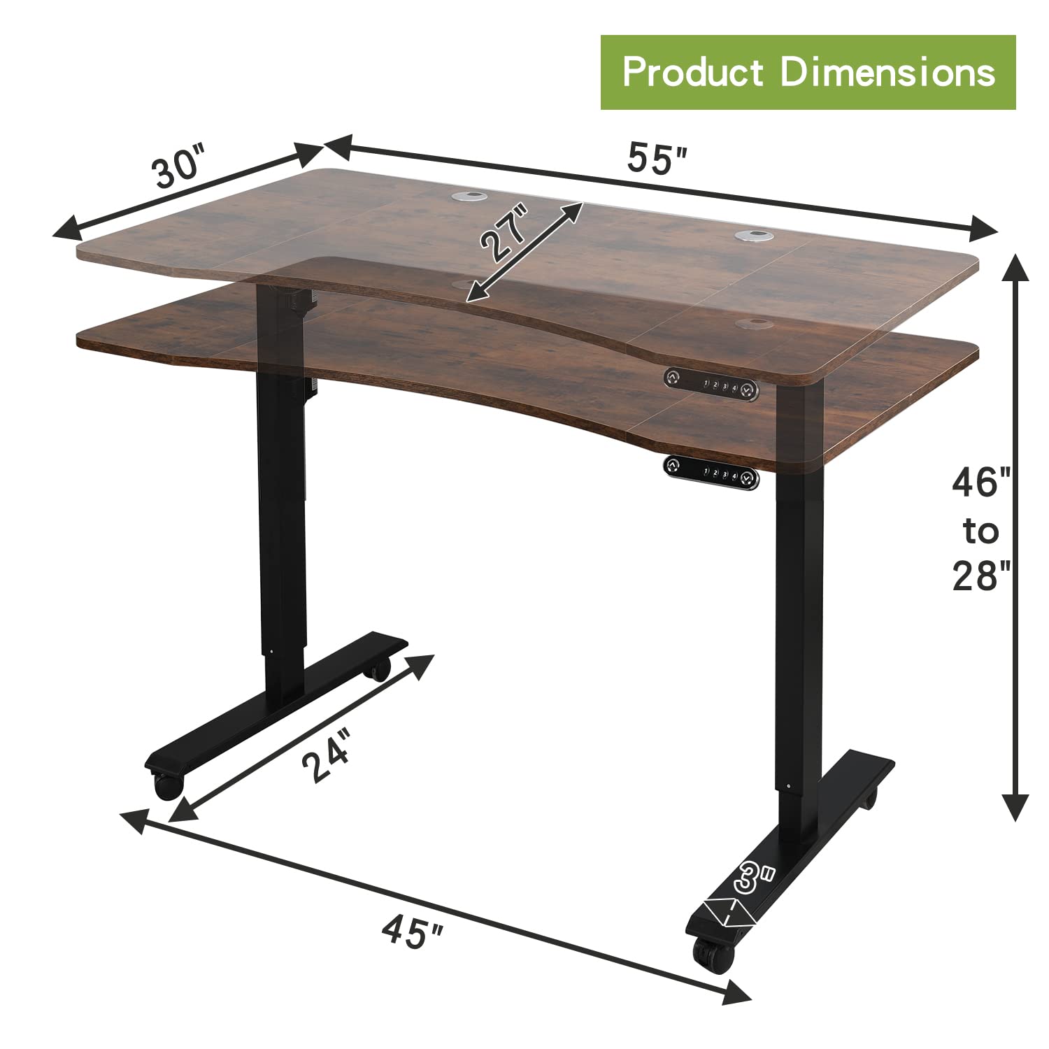 Radlove Electric Height Adjustable Standing Desk, 55'' x 30'' Stand Up Desk Workstation, Splice Board Home Office Computer Standing Table Height Adjustable Computer Desk Rustic Brown Top+Blac - WoodArtSupply