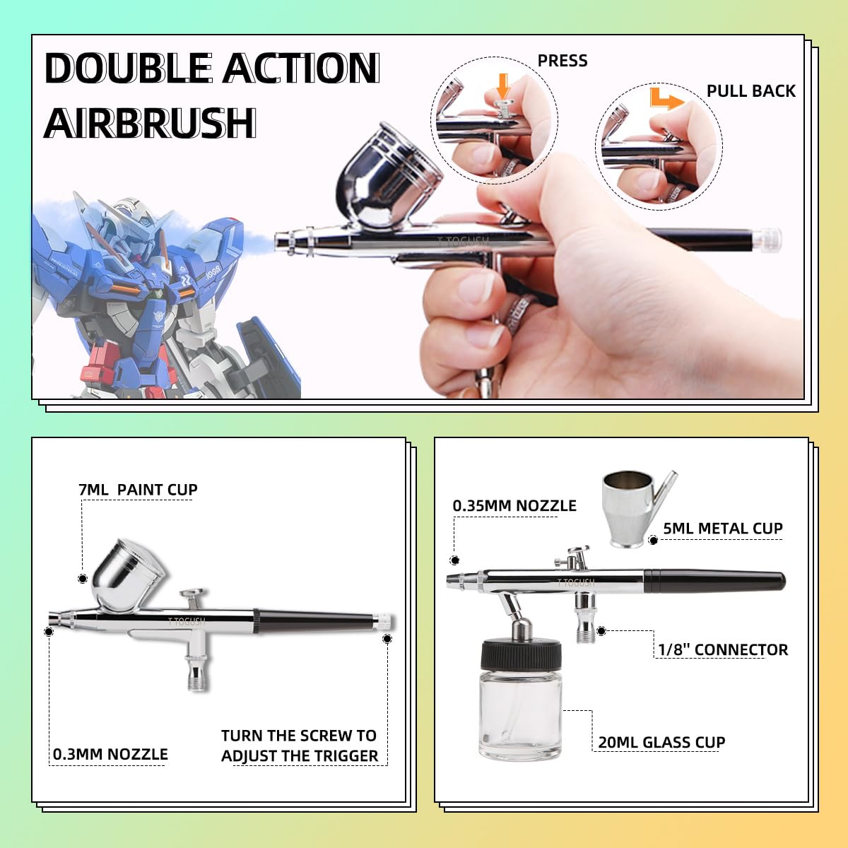 T TOGUSH Airbrush Kit with Air Compressor, 15 Color Airbush Paint, Gravity Airbrush And Siphon Airbrush, 1/6 HP Quiet Air Compressor with 3L Tank, Airbrush for Model Hobby Craft DIY Painting T TOGUSH