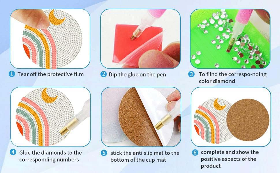 5D DIY Boho Minimalist Sun Moon Diamond Paintings Coasters with Holder for Adults Beginners, 6 pcs Round Full Drill Diamond Art Craft Supplies (Sun Moon QLBD-16) Generic