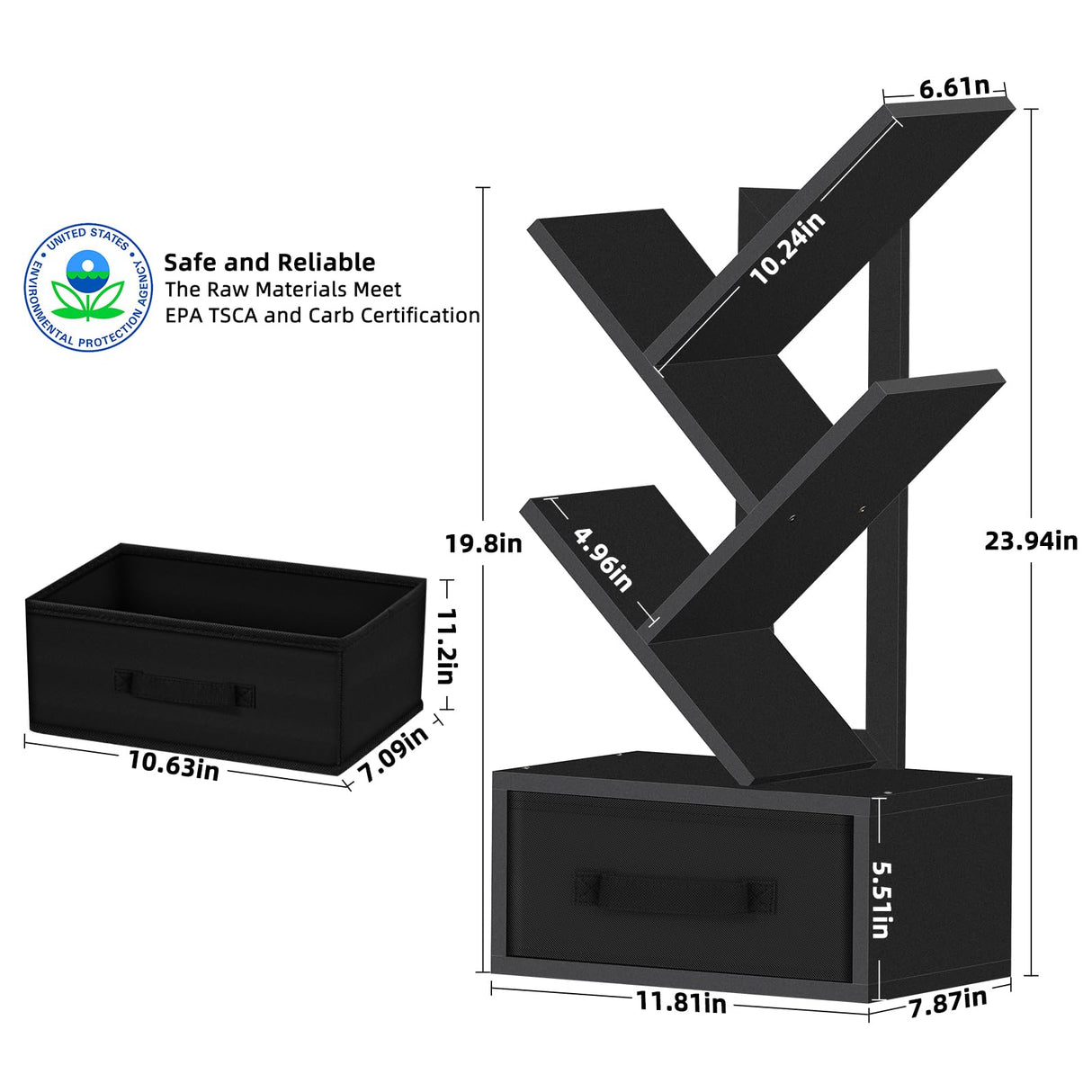 SHEEPAM 4-Tier Classic Black Tree Bookshelf with Drawer – Modern Wooden Desktop Bookcase for Organising Books and Collectibles SHEEPAM