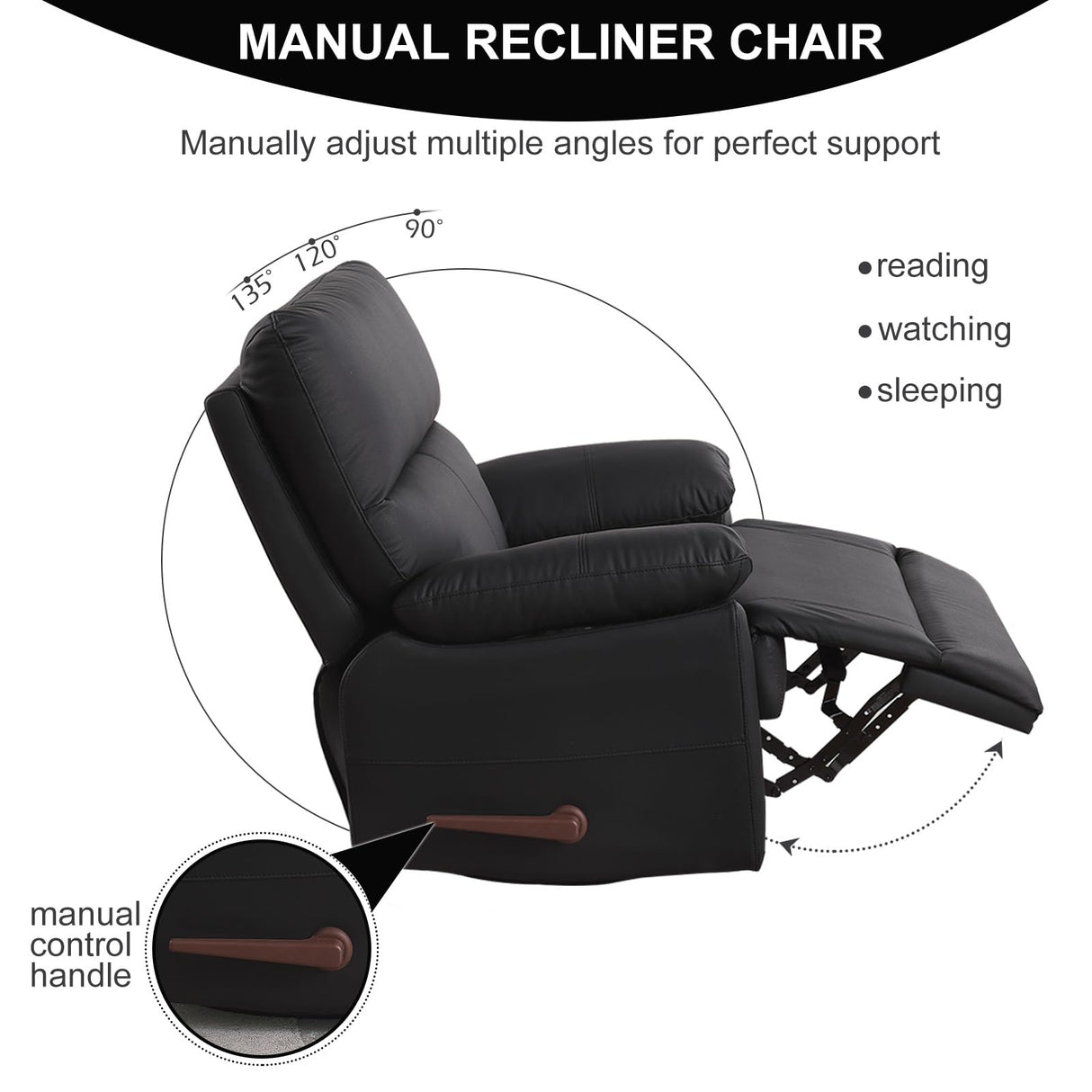 poplarbox Manual Recliner Chair with Lever Handle, 360° Swivel Elderly Rocker Recliner Chairs, Single Seat upholstered Recliner Sofa Chair for Living Room, Apartment (Black) poplarbox