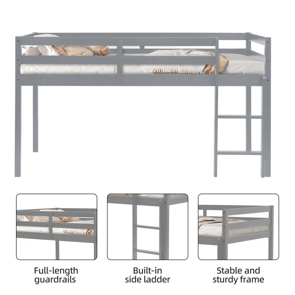 LoLado Twin Loft Bed - Grey Solid Wood Bed Frame with Guard Rails and Built-In Ladder for Kids LoLado