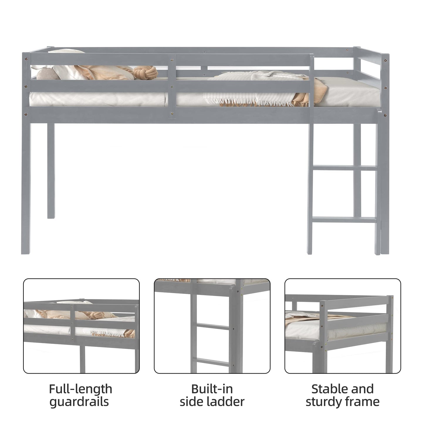 LoLado Twin Loft Bed - Grey Solid Wood Bed Frame with Guard Rails and Built-In Ladder for Kids - WoodArtSupply