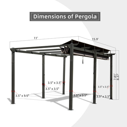 Domi 11’ X 16’ Outdoor Retractable Pergola with Weather-Resistant Canopy Aluminum Garden Pergola Patio Grill Gazebo for Courtyard