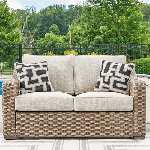 Signature Design by Ashley Beachcroft Casual Weather Resistant Resin Wicker Outdoor Loveseat with Cushion and 2 Accent Pillows, Dark Brown & Beige Signature Design by Ashley