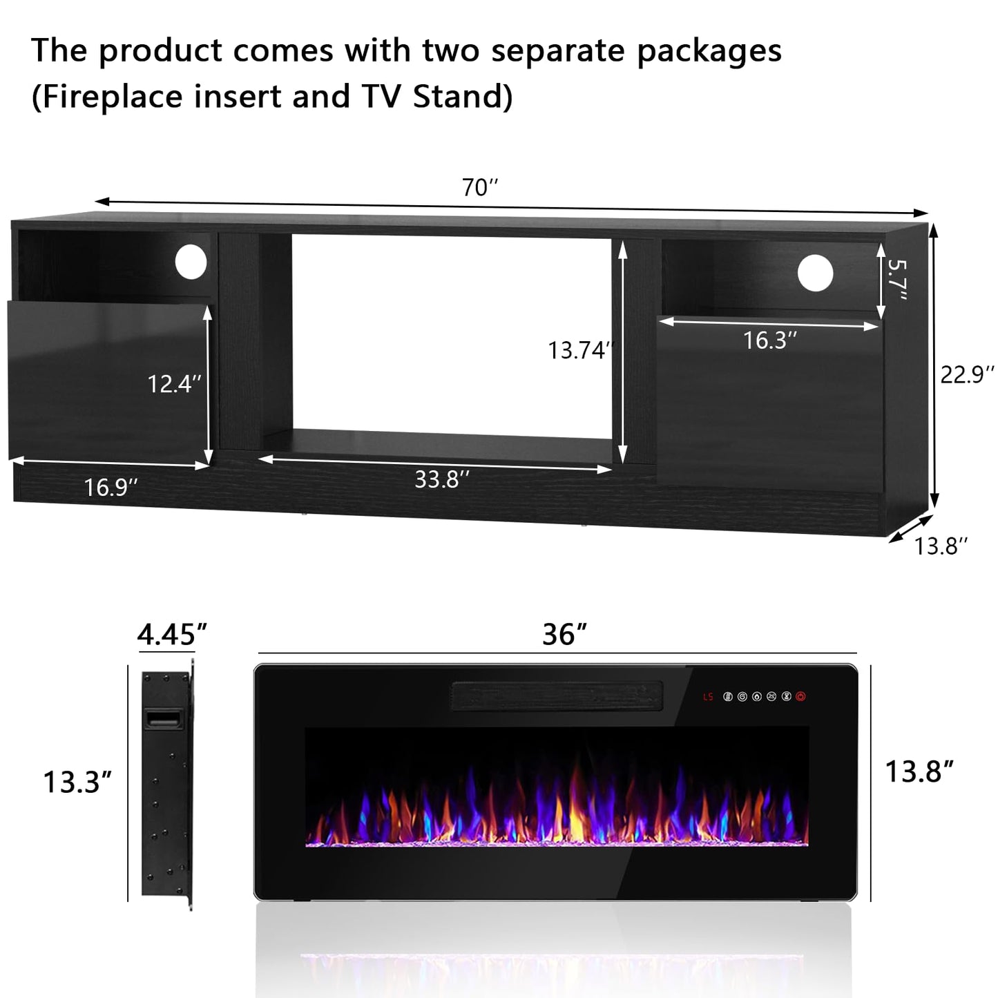 PUKAMI Fireplace TV Stand with 36" Electric Fireplace for TVs Up to 80", LED Light Entertainment Center with Highlight Storage Cabinet, 70 inch Modern Wood Media TV Console for Living Room, Black