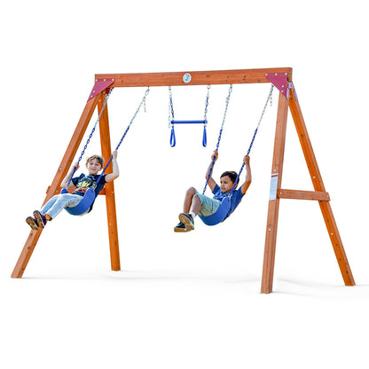 DOLPHIN PLAYGROUND Wooden Swing Sets for Backyard, Family DIY Kit for Any Swings, Outdoor Playset for Kids with Trapeze Swing Bar and 2 Belt Swings, Heavy Duty Playground Accessories, Ages 3-12