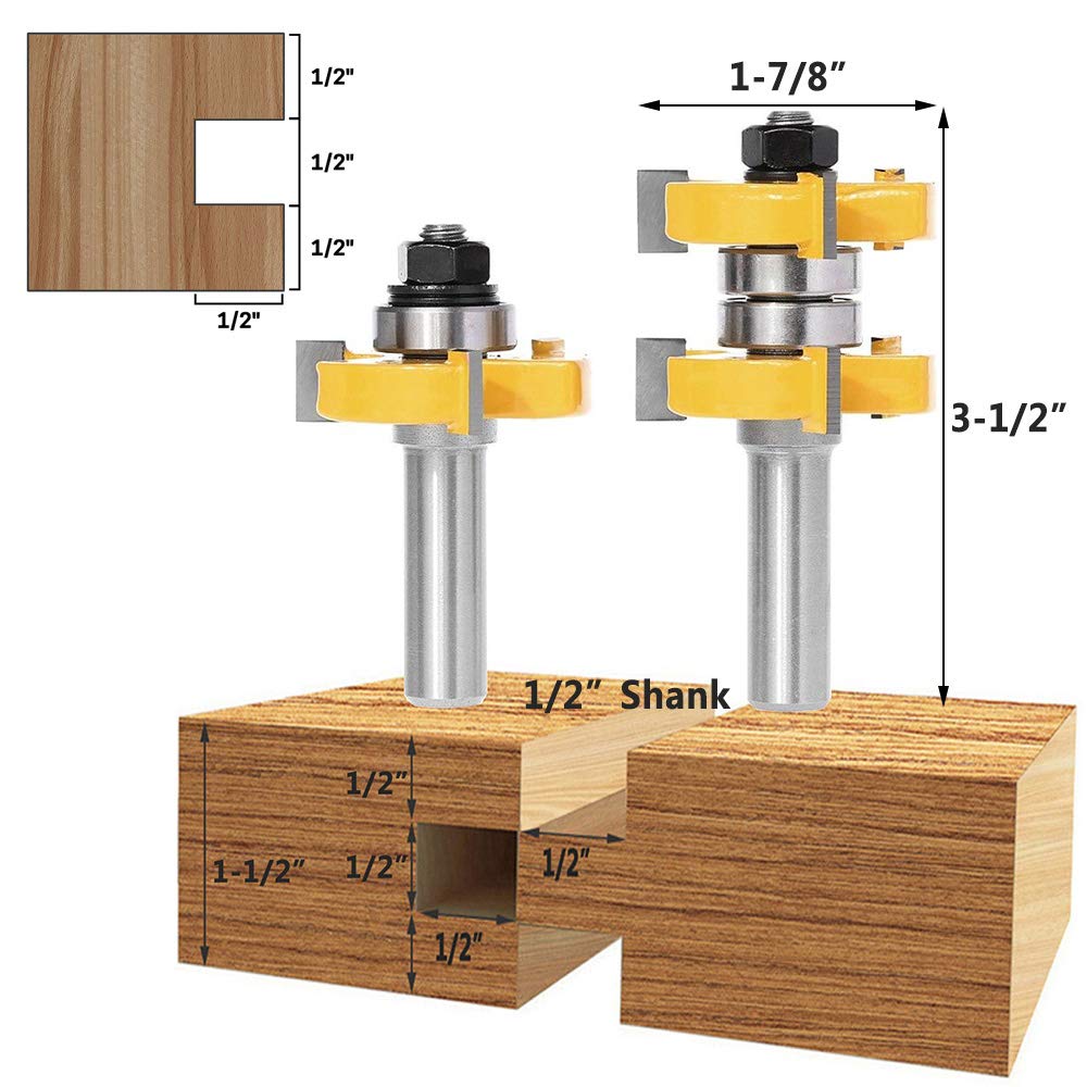 Yakamoz 1/2 Inch Shank Adjustable Tongue and Groove Router Bit Set 1-1/2" Stock Woodworking Cutting Milling Tools - WoodArtSupply