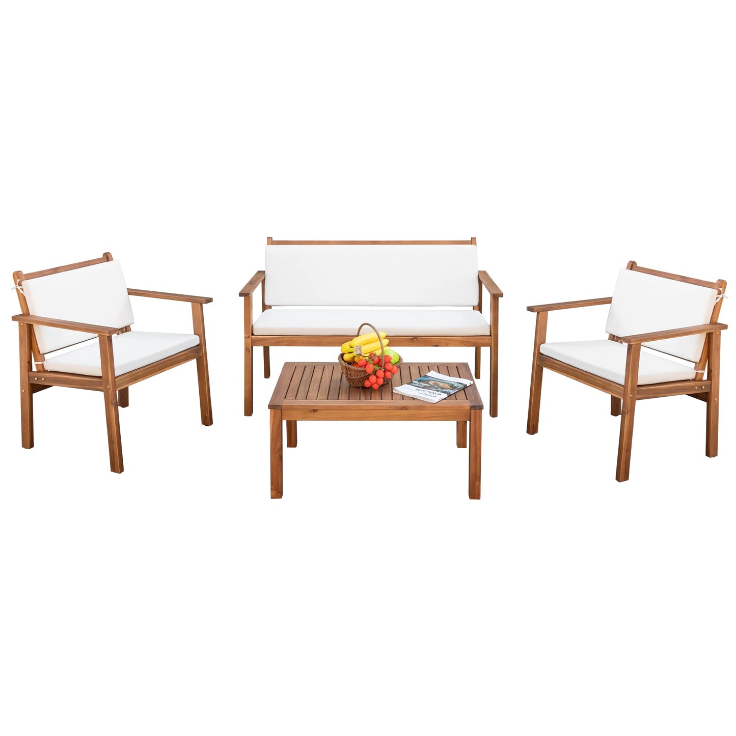 Devoko Patio Furniture 4 Piece Acacia Wood Outdoor Conversation Sofa Set with Table & Cushions Porch Chairs for Garden, Deck, Backyard, Beige - WoodArtSupply