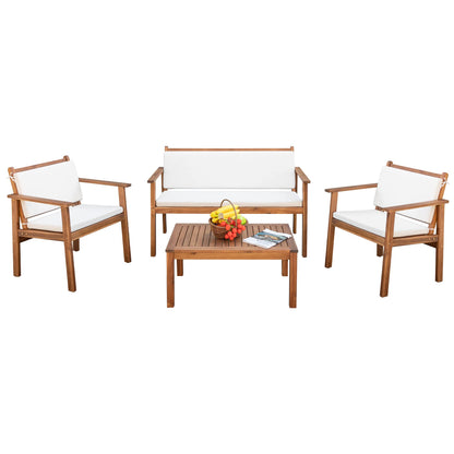 Devoko Patio Furniture 4 Piece Acacia Wood Outdoor Conversation Sofa Set with Table & Cushions Porch Chairs for Garden, Deck, Backyard, Beige - WoodArtSupply