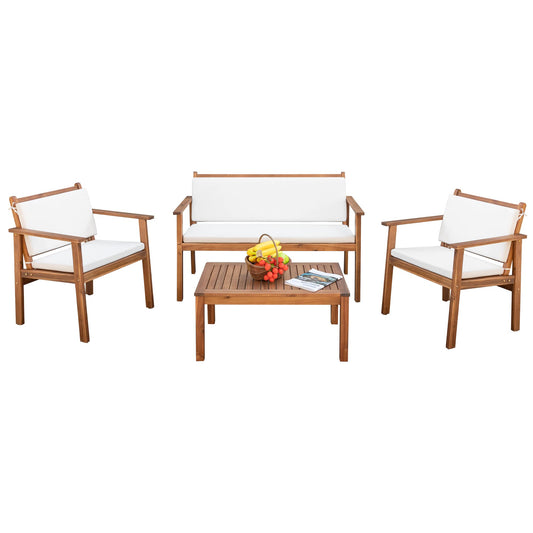 Devoko Patio Furniture 4 Piece Acacia Wood Outdoor Conversation Sofa Set with Table & Cushions Porch Chairs for Garden, Deck, Backyard, Beige