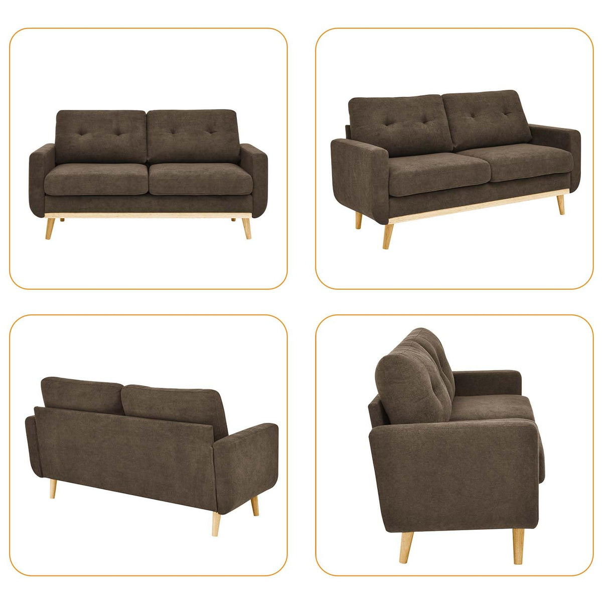 Japovker 67.7" Mid-Century Modern Loveseat Sofa, 2-Seat Mini Upholstered Love Seat Couch, Comfy Small Couch with Wooden Legs and Tufted Back for Living Room Bedroom Office Apartment(Brown) Japovker