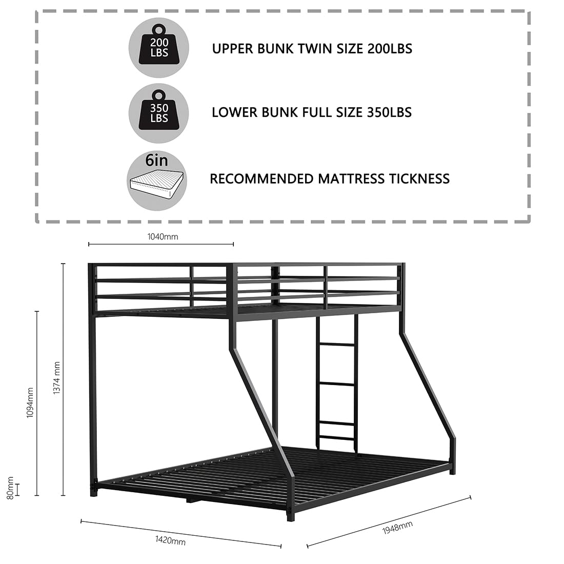 Adam Twin Over Full Bunk Bed with Trundle, Heavy-Duty Metal Triple Bunk Beds with Side Ladders & Safety Guard Rail, 3 in 1 Bunk Beds for Kids Teens, No Box Spring Needed,Easy to Assemble,Black