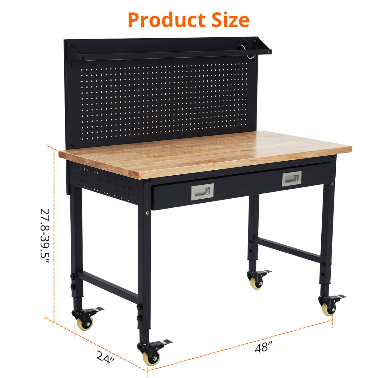 ACONEE 48" Workbench Heavy Duty, Adjustable Height Workstation with Drawer Storage, Backplate, 2000 LB Load Capacity, Multipurpose Rubber Wood Shop Table with Power Outlets, Hooks, Garage Storage ACONEE