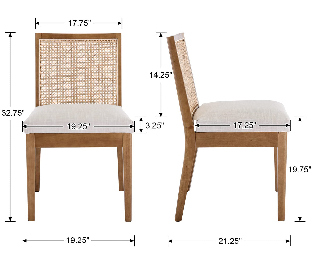 BESTANO Rattan Dining Chairs Set of 4 Natural Wooden Dining Room Chairs Rectangle Cane Country Kitchen Chairs Linen Upholstered Dining Chairs, Cream BESTANO